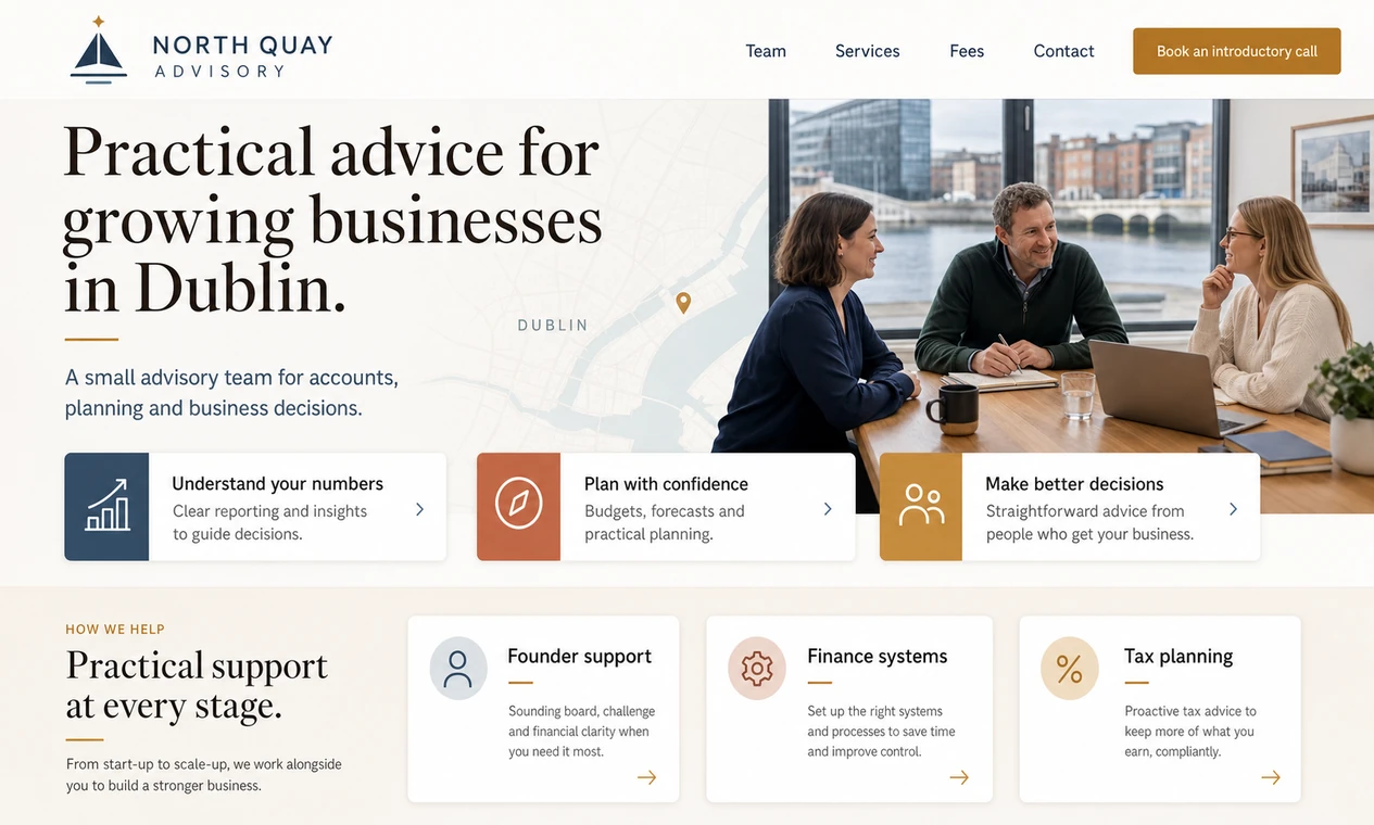 Sample website variation for North Quay Advisory, a fictional Dublin advisory practice.
