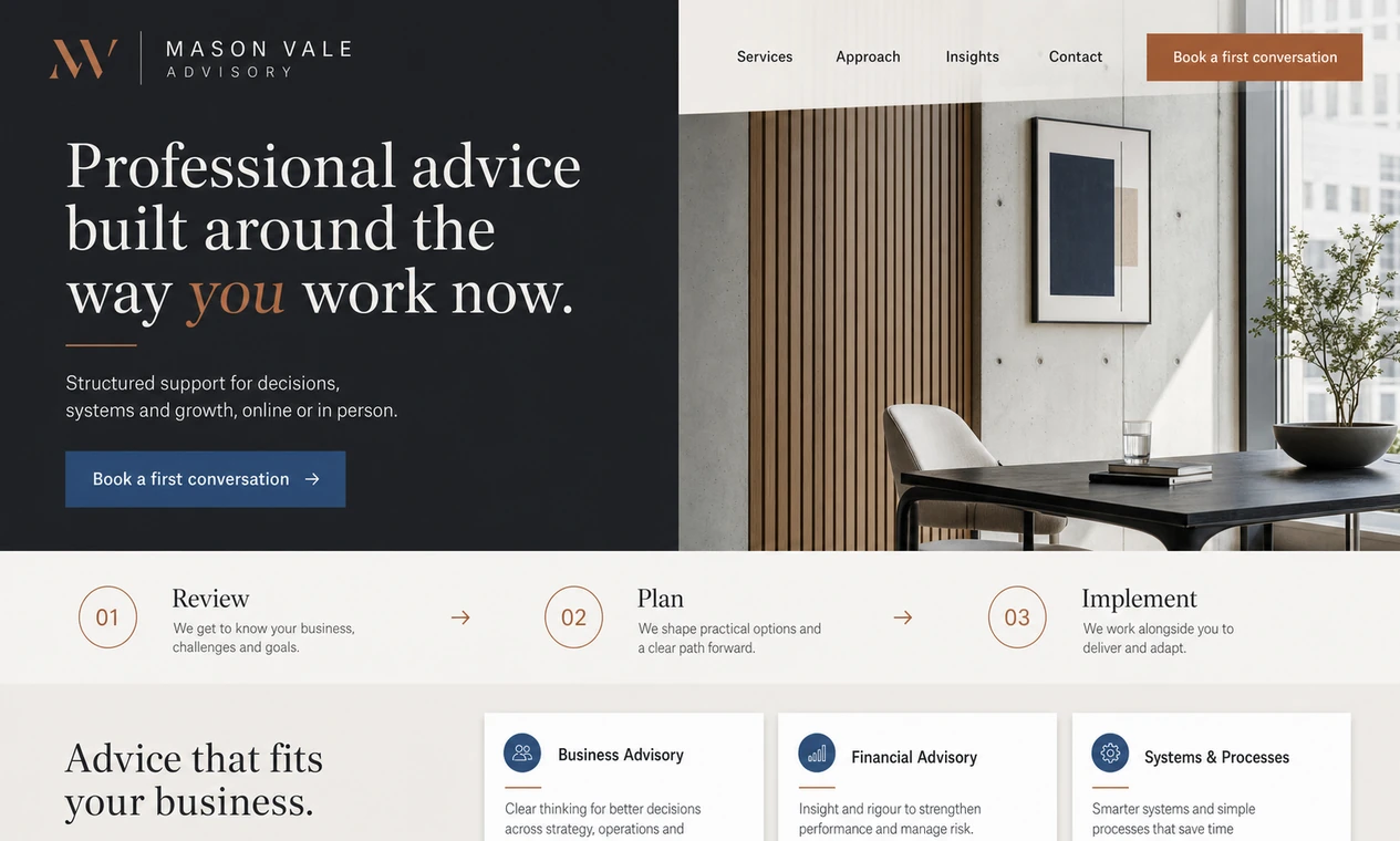 Sample website design for a fictional advisory practice.