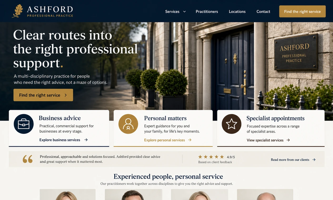 Sample website variation for Ashford Professional Practice, a fictional multi-practitioner professional practice.