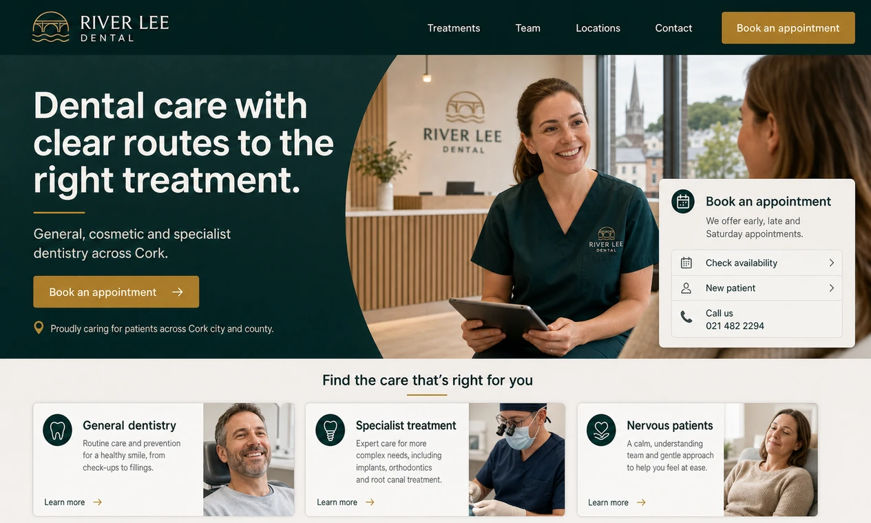 Sample website design for a fictional dental practice.