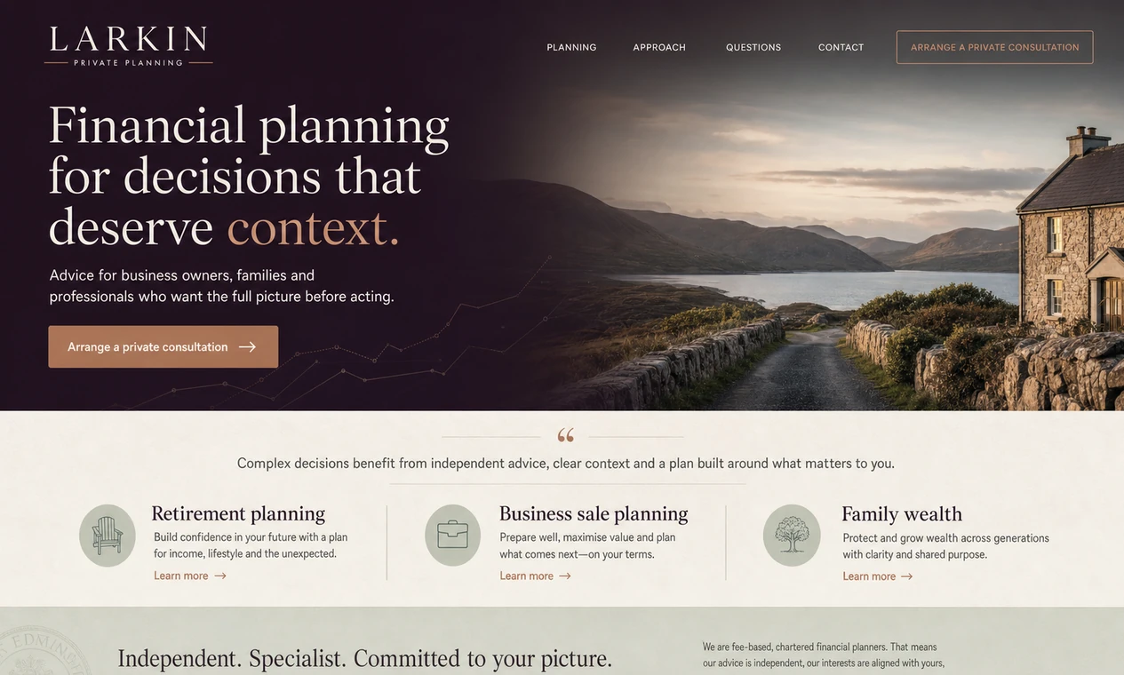 Sample website variation for Larkin Private Planning, a fictional financial planning practice.